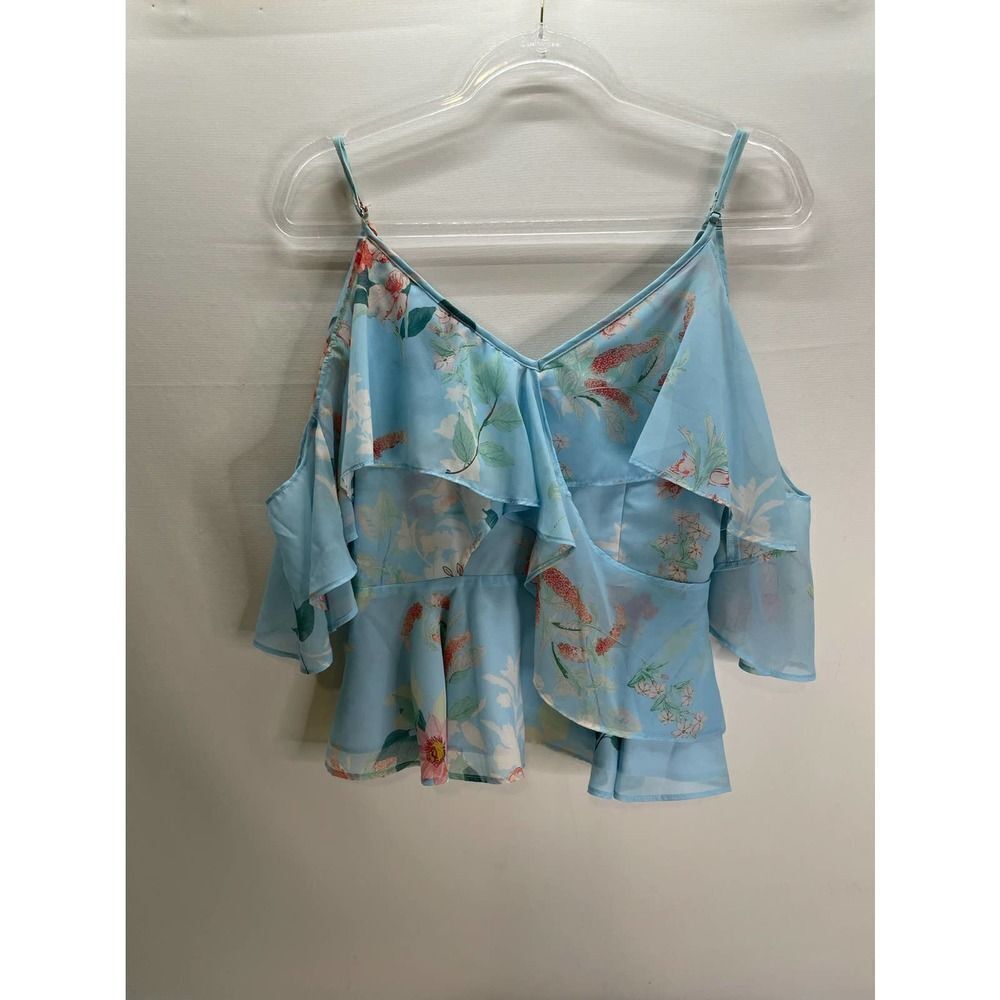 Yumi Kim Floral Faux Wrap v-neck Top Flutter sleeve Open Shoulders size Small